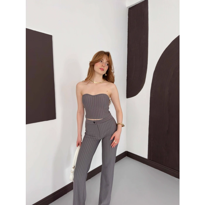 Çizgi Detaylı Crop - Pantolon Takım Gri