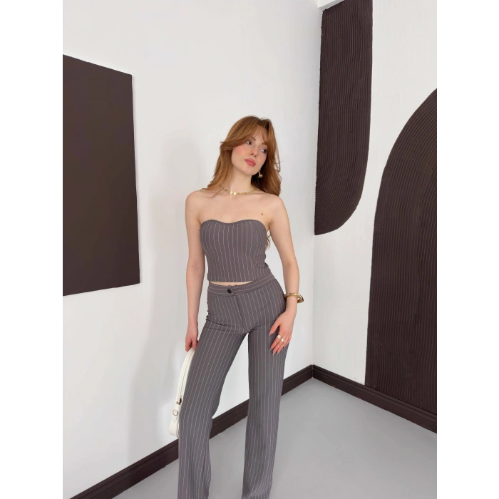 Çizgi Detaylı Crop - Pantolon Takım Gri