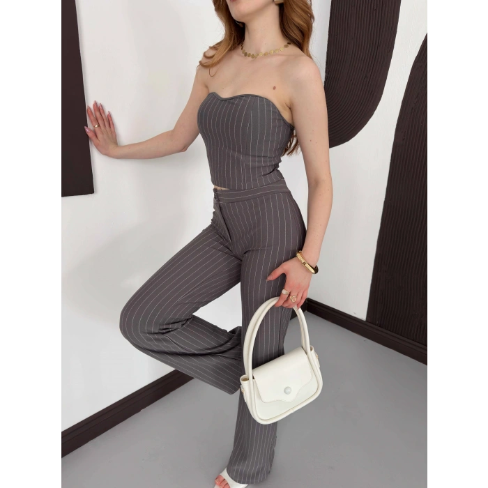 Çizgi Detaylı Crop - Pantolon Takım Gri