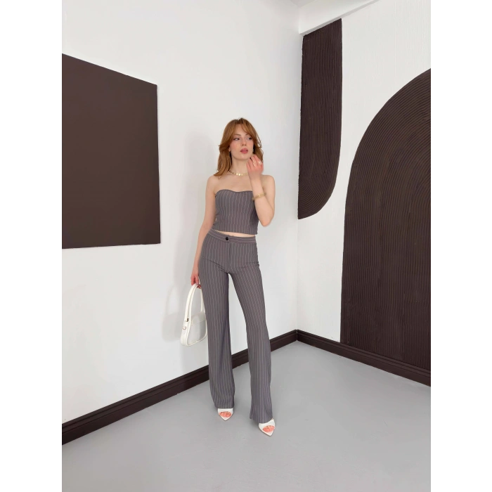 Çizgi Detaylı Crop - Pantolon Takım Gri