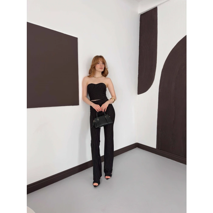 Çizgi Detaylı Crop - Pantolon Takım Siyah