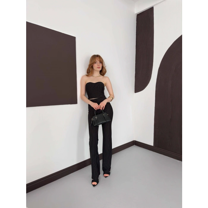 Çizgi Detaylı Crop - Pantolon Takım Siyah