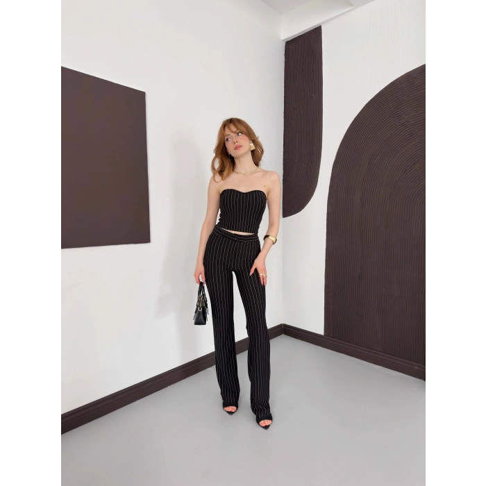 Çizgi Detaylı Crop - Pantolon Takım Siyah