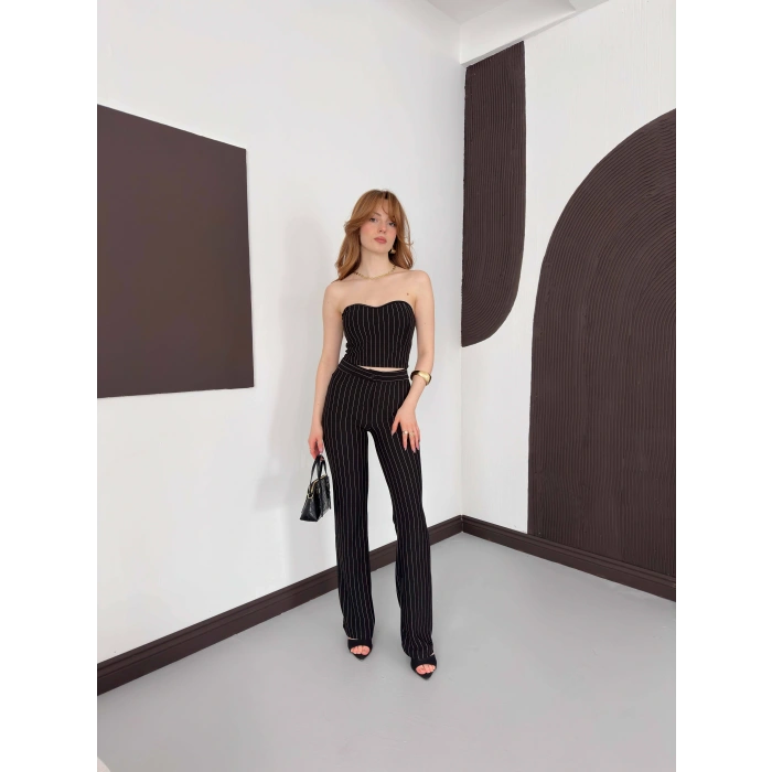 Çizgi Detaylı Crop - Pantolon Takım Siyah