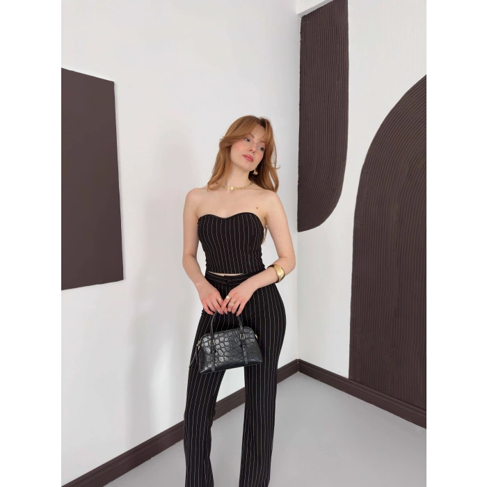 Çizgi Detaylı Crop - Pantolon Takım Siyah