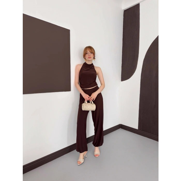 Boyundan Bağlamalı Pantolonlu İkili Takım Kahve