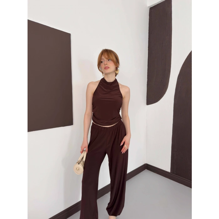 Boyundan Bağlamalı Pantolonlu İkili Takım Kahve