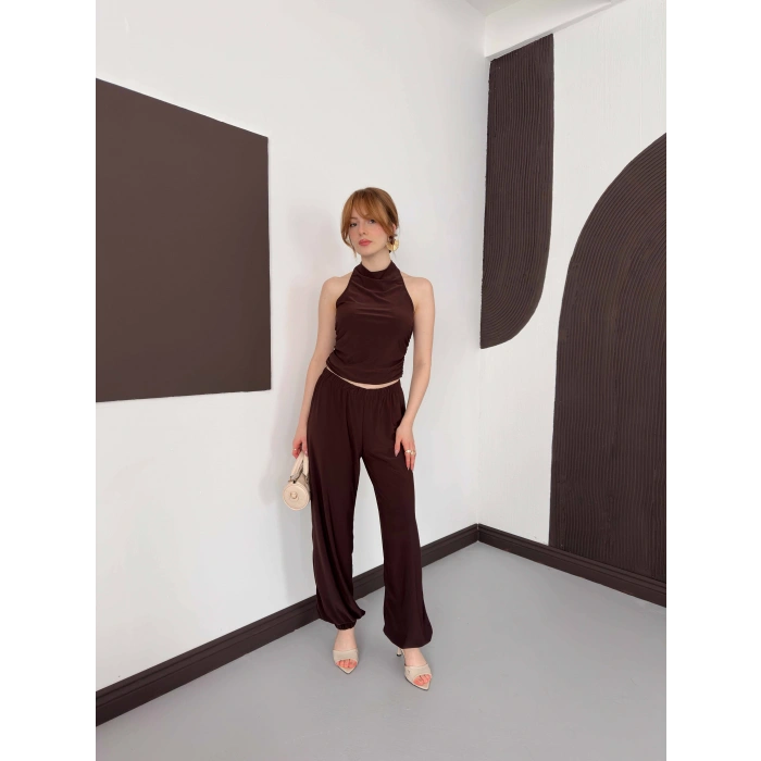 Boyundan Bağlamalı Pantolonlu İkili Takım Kahve