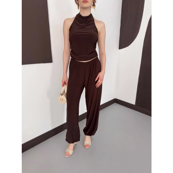 Boyundan Bağlamalı Pantolonlu İkili Takım Kahve
