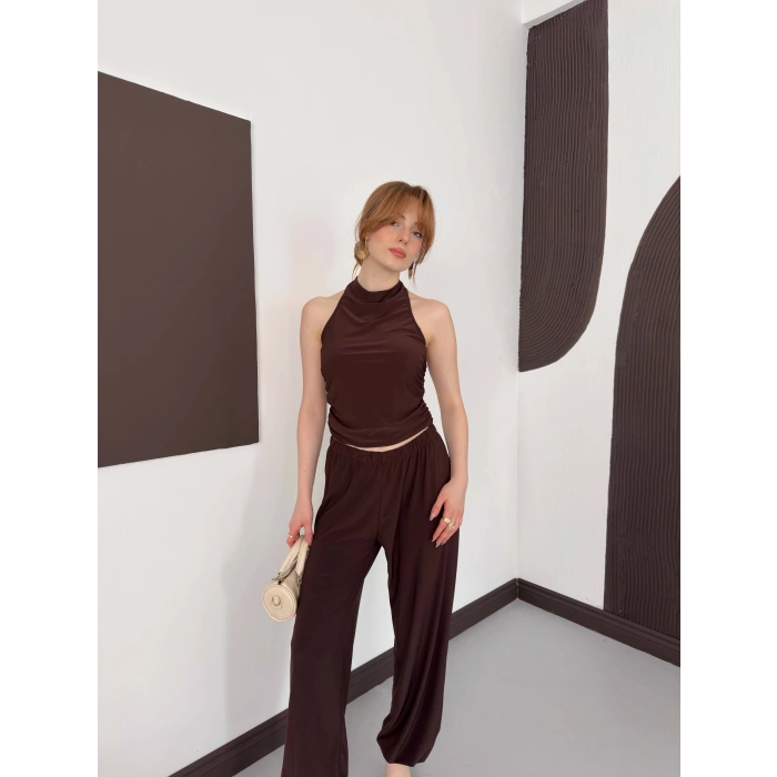 Boyundan Bağlamalı Pantolonlu İkili Takım Kahve