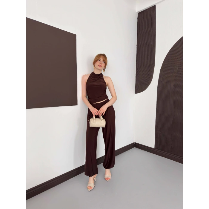 Boyundan Bağlamalı Pantolonlu İkili Takım Kahve