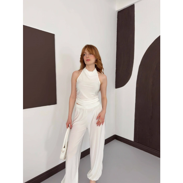 Boyundan Bağlamalı Pantolonlu İkili Takım Beyaz