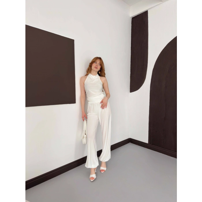 Boyundan Bağlamalı Pantolonlu İkili Takım Beyaz