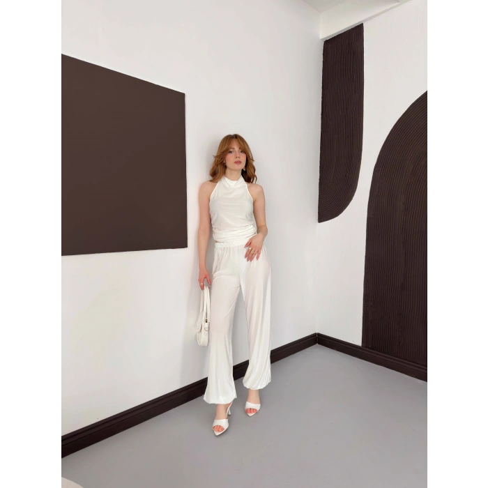 Boyundan Bağlamalı Pantolonlu İkili Takım Beyaz