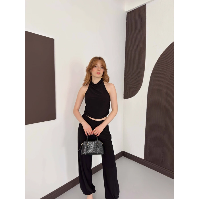 Boyundan Bağlamalı Pantolonlu İkili Takım Siyah