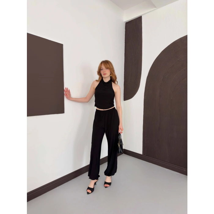 Boyundan Bağlamalı Pantolonlu İkili Takım Siyah