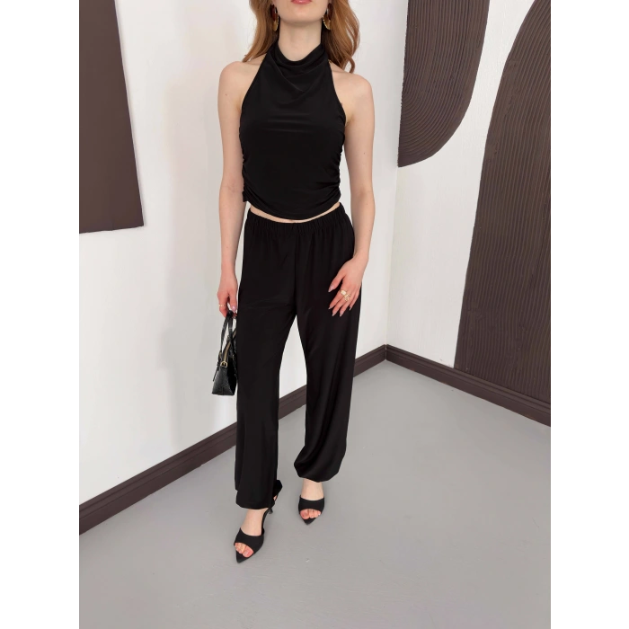 Boyundan Bağlamalı Pantolonlu İkili Takım Siyah