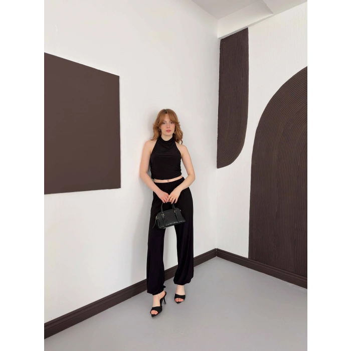 Boyundan Bağlamalı Pantolonlu İkili Takım Siyah