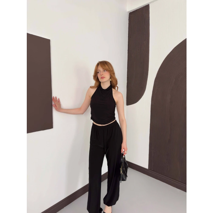 Boyundan Bağlamalı Pantolonlu İkili Takım Siyah