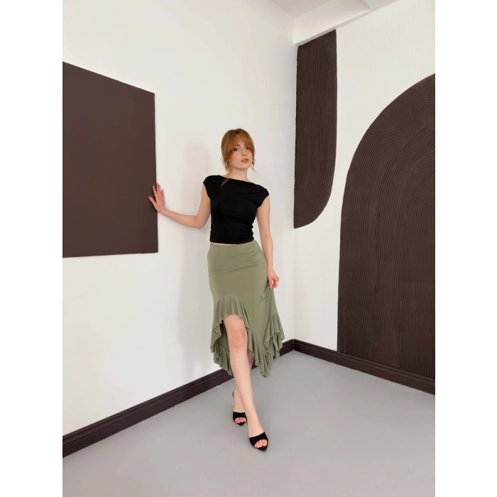 Yırmaç Detaylı Fırfırlı Sandy Etek Yeşil