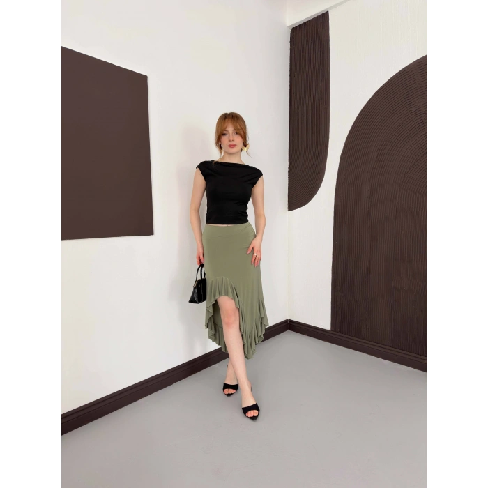 Yırmaç Detaylı Fırfırlı Sandy Etek Yeşil