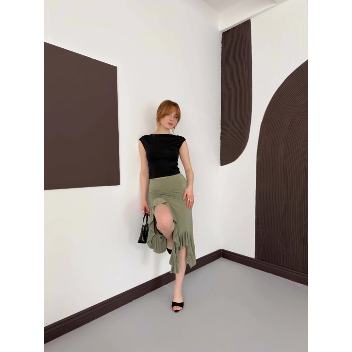 Yırmaç Detaylı Fırfırlı Sandy Etek Yeşil