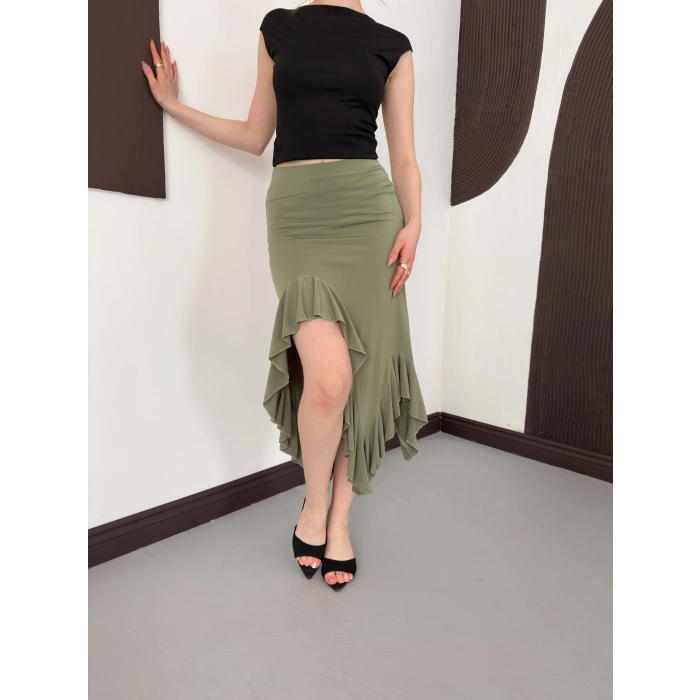 Yırmaç Detaylı Fırfırlı Sandy Etek Yeşil