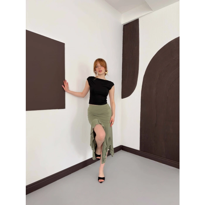 Yırmaç Detaylı Fırfırlı Sandy Etek Yeşil