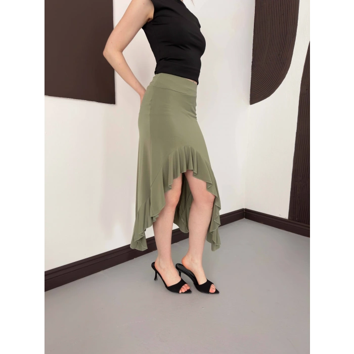 Yırmaç Detaylı Fırfırlı Sandy Etek Yeşil