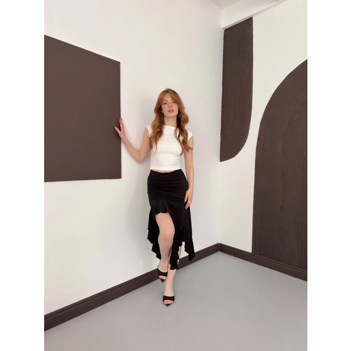 Yırmaç Detaylı Fırfırlı Sandy Etek Siyah