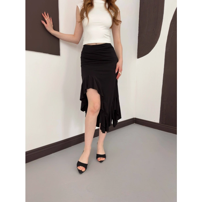 Yırmaç Detaylı Fırfırlı Sandy Etek Siyah