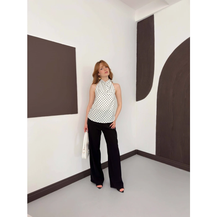 Puantiyeli Boyundan Bağlamalı Bluz Beyaz