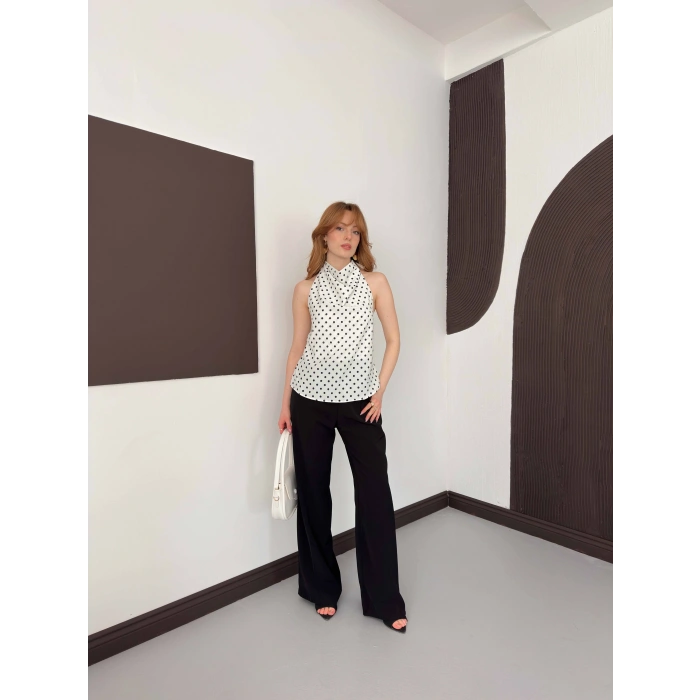 Puantiyeli Boyundan Bağlamalı Bluz Beyaz