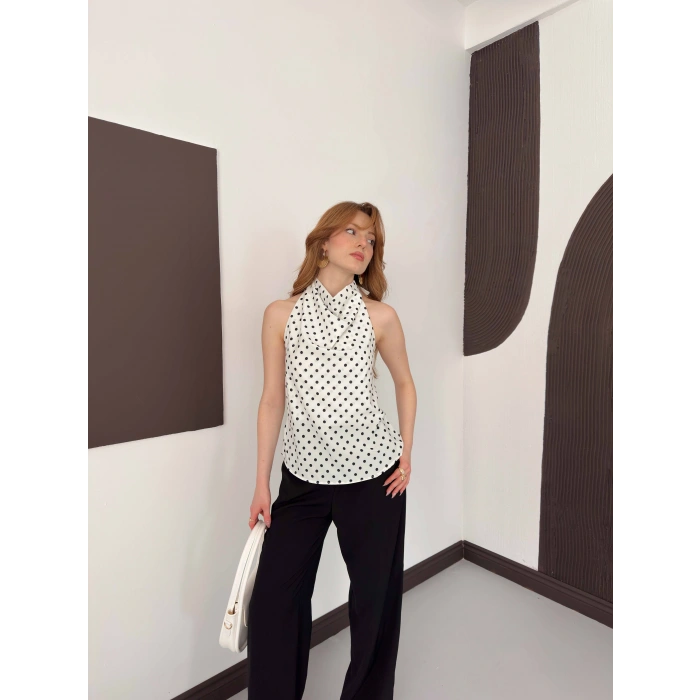 Puantiyeli Boyundan Bağlamalı Bluz Beyaz