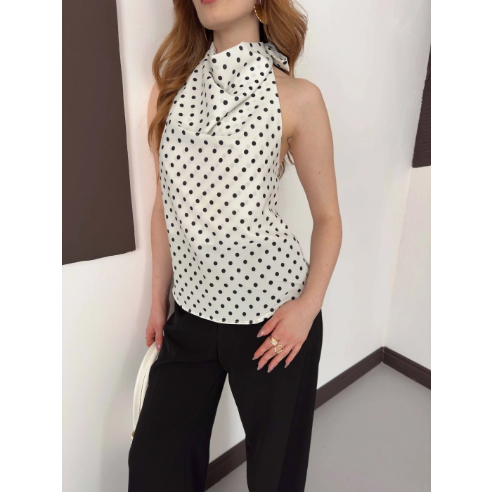 Puantiyeli Boyundan Bağlamalı Bluz Beyaz