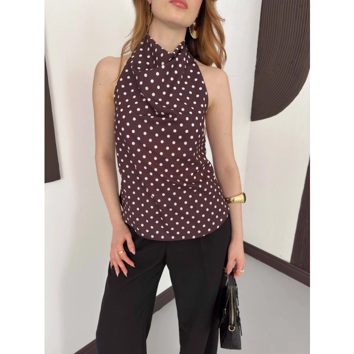 Puantiyeli Boyundan Bağlamalı Bluz Kahve