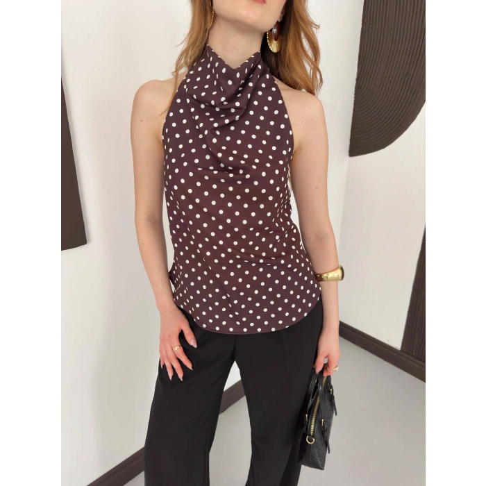 Puantiyeli Boyundan Bağlamalı Bluz Kahve