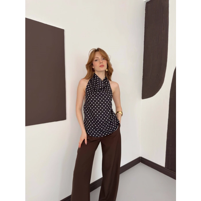 Puantiyeli Boyundan Bağlamalı Bluz Siyah