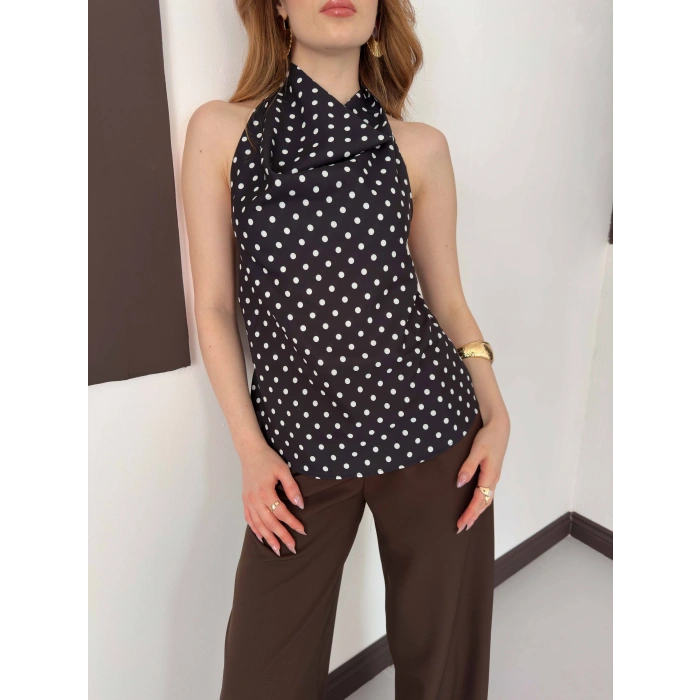 Puantiyeli Boyundan Bağlamalı Bluz Siyah