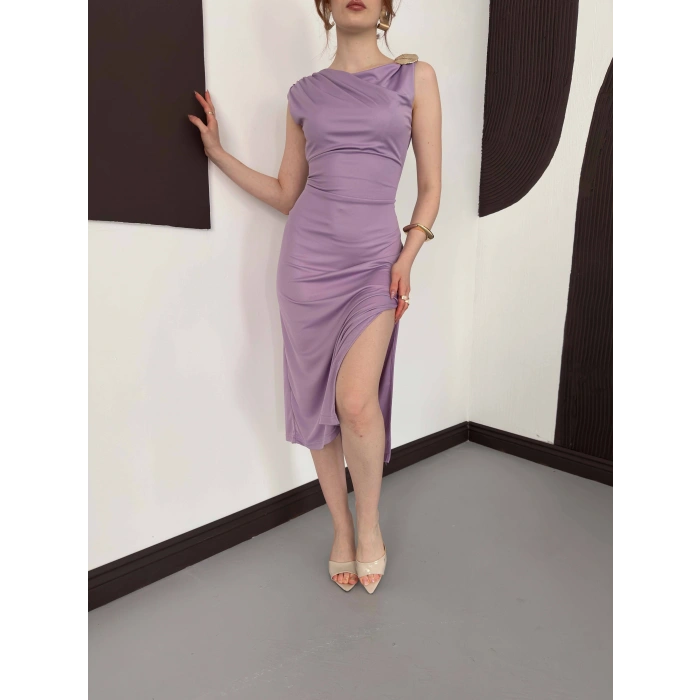 Aksesuar Detaylı Tek Omuz Sandy Elbise Lila
