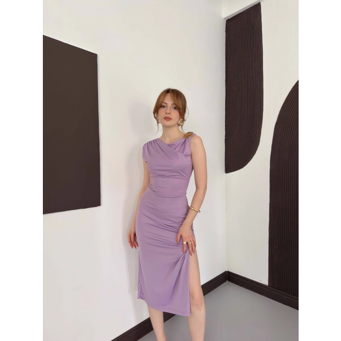 Aksesuar Detaylı Tek Omuz Sandy Elbise Lila