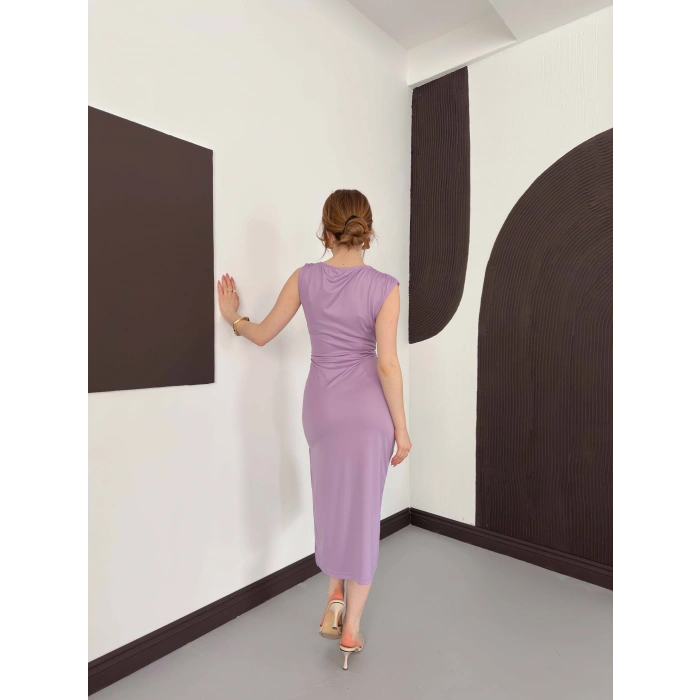 Aksesuar Detaylı Tek Omuz Sandy Elbise Lila