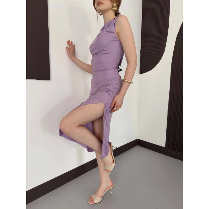 Aksesuar Detaylı Tek Omuz Sandy Elbise Lila