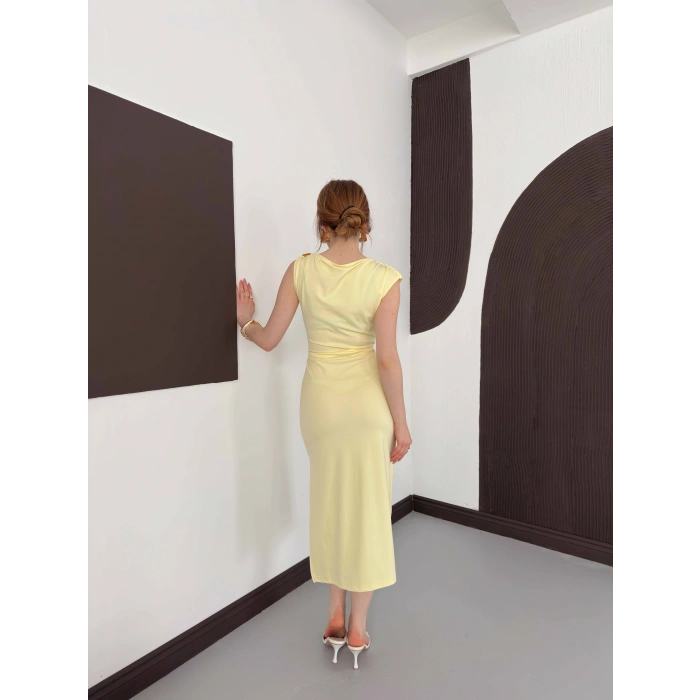 Aksesuar Detaylı Tek Omuz Sandy Elbise Sarı