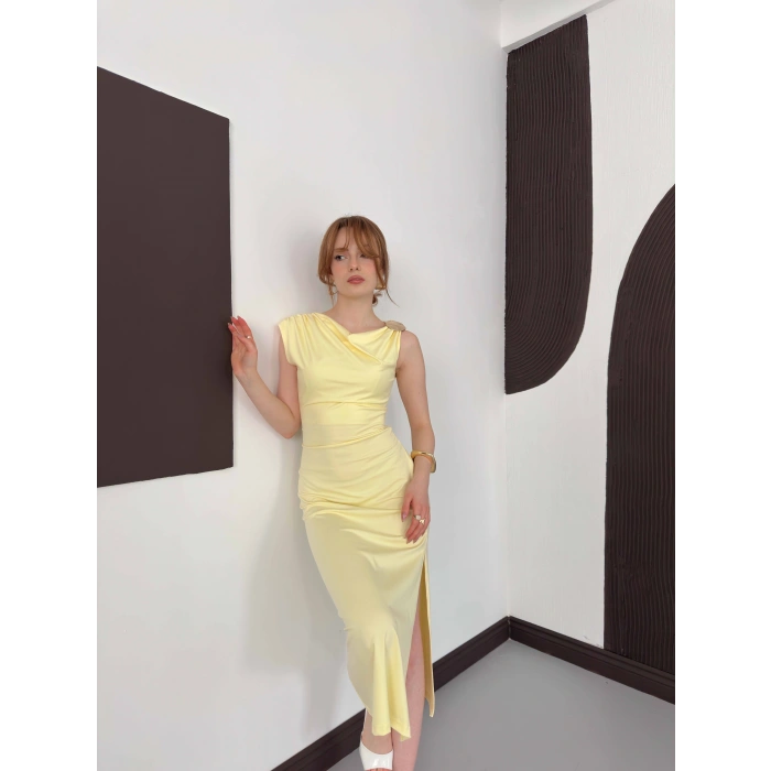Aksesuar Detaylı Tek Omuz Sandy Elbise Sarı