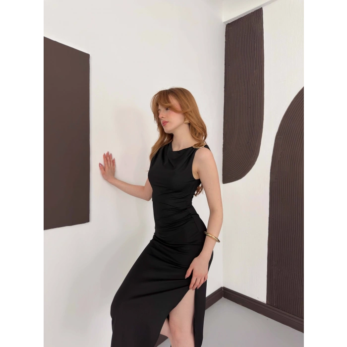 Aksesuar Detaylı Tek Omuz Sandy Elbise Siyah