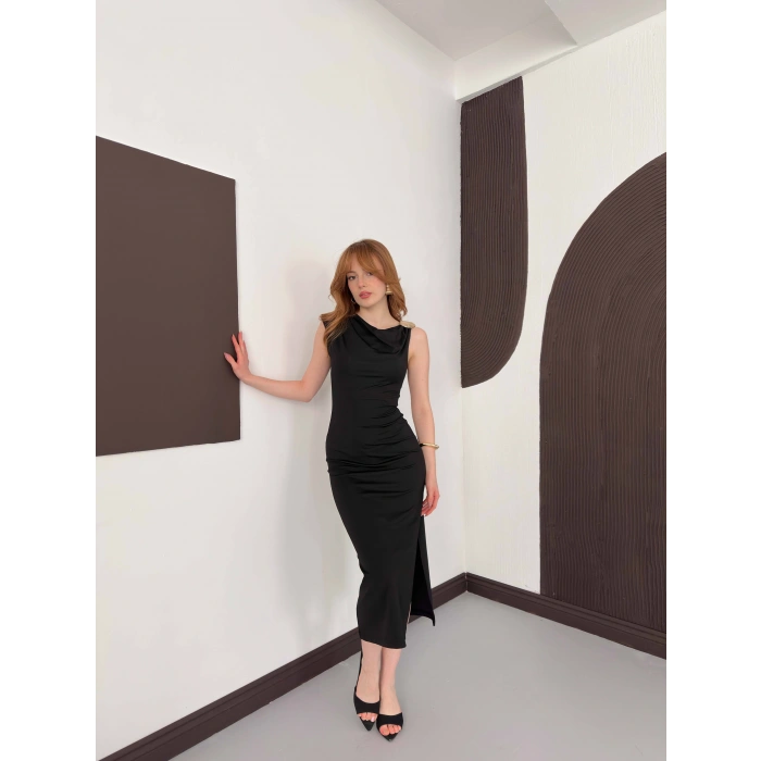 Aksesuar Detaylı Tek Omuz Sandy Elbise Siyah