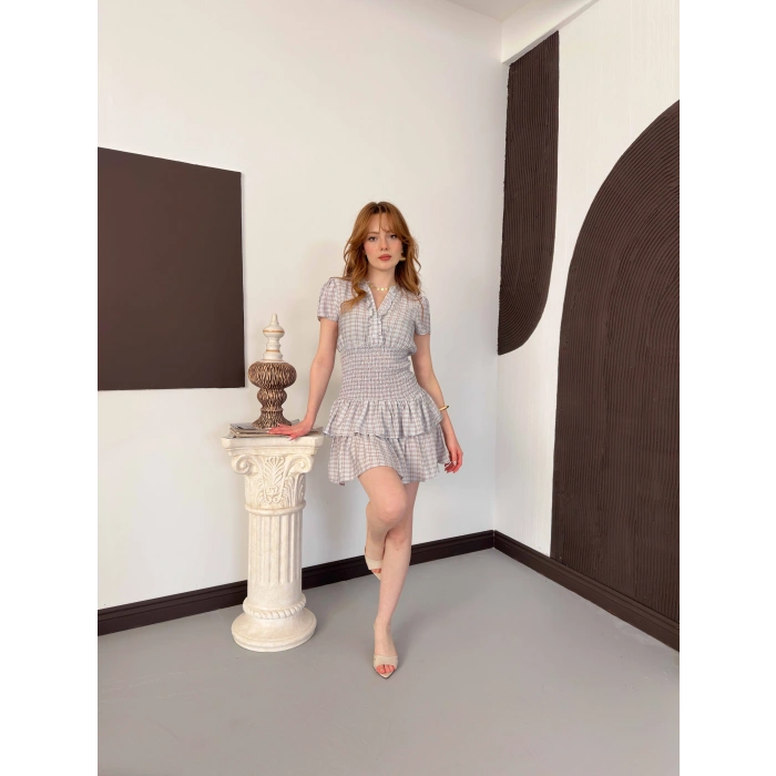 Büzgülü Bel Ekose Fırfırlı Mini Elbise Bebemavisi