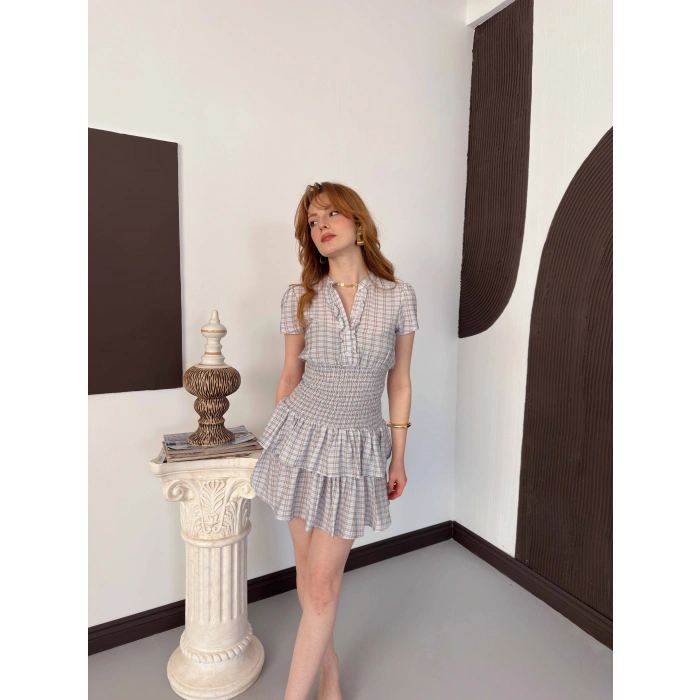 Büzgülü Bel Ekose Fırfırlı Mini Elbise Bebemavisi