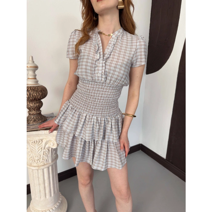 Büzgülü Bel Ekose Fırfırlı Mini Elbise Bebemavisi